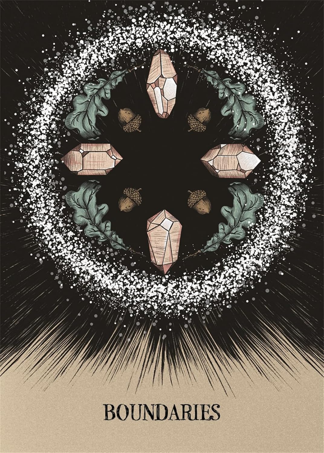 Mandala design with crystals and leaves on a dark background with 'Boundaries' text.