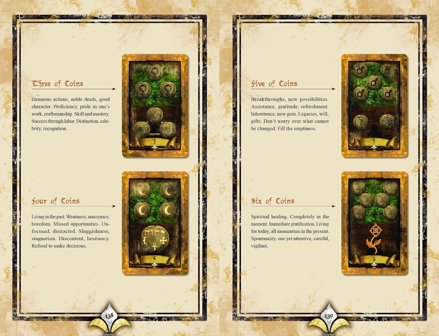 Card game pages with card illustrations and text on a textured beige background