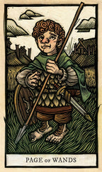 Vintage-style tarot card featuring a young boy with a spear, labeled 'Page of Wands'.