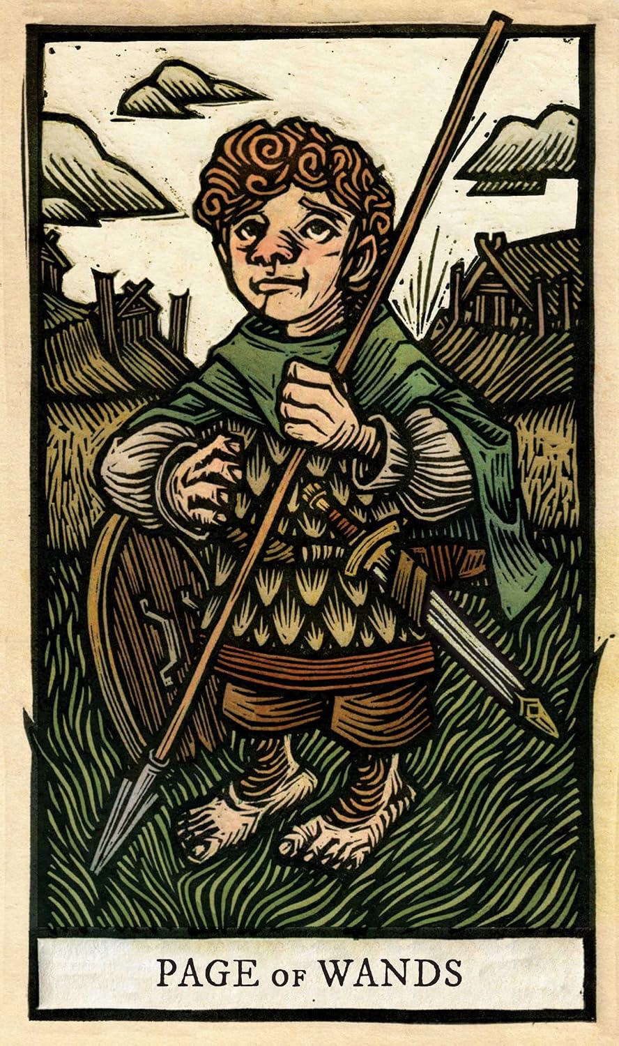 Vintage-style tarot card featuring a young boy with a spear, labeled 'Page of Wands'.