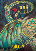 Card featuring a dragon holding three cups with '5 of Cups' text
