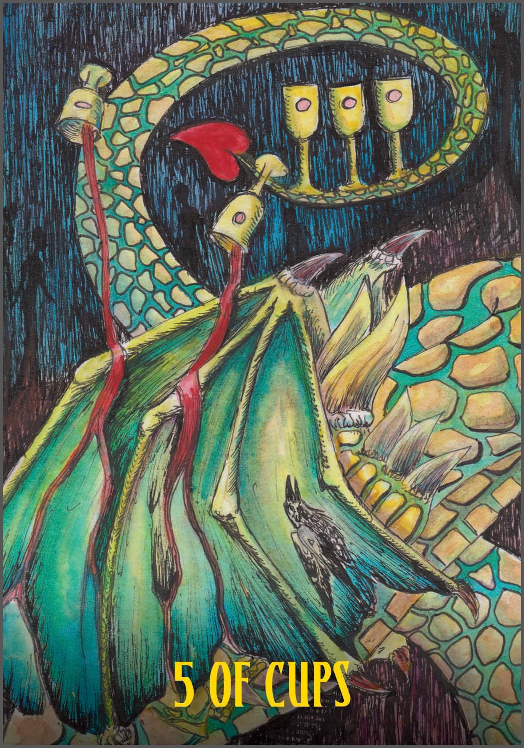 Card featuring a dragon holding three cups with '5 of Cups' text