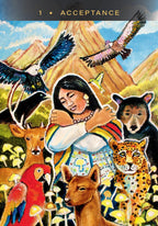 Illustration of a woman surrounded by animals with a mountainous background