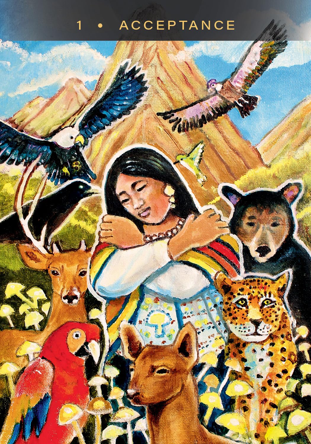 Illustration of a woman surrounded by animals with a mountainous background