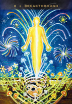 Tarot card titled 'Breakthrough' with a golden figure and colorful elements.