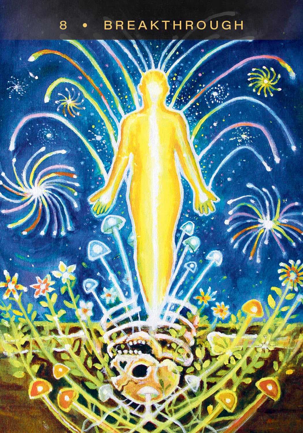Tarot card titled 'Breakthrough' with a golden figure and colorful elements.