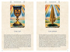 Two tarot cards titled 'The Cup' and 'The Spear' on a beige background with text.
