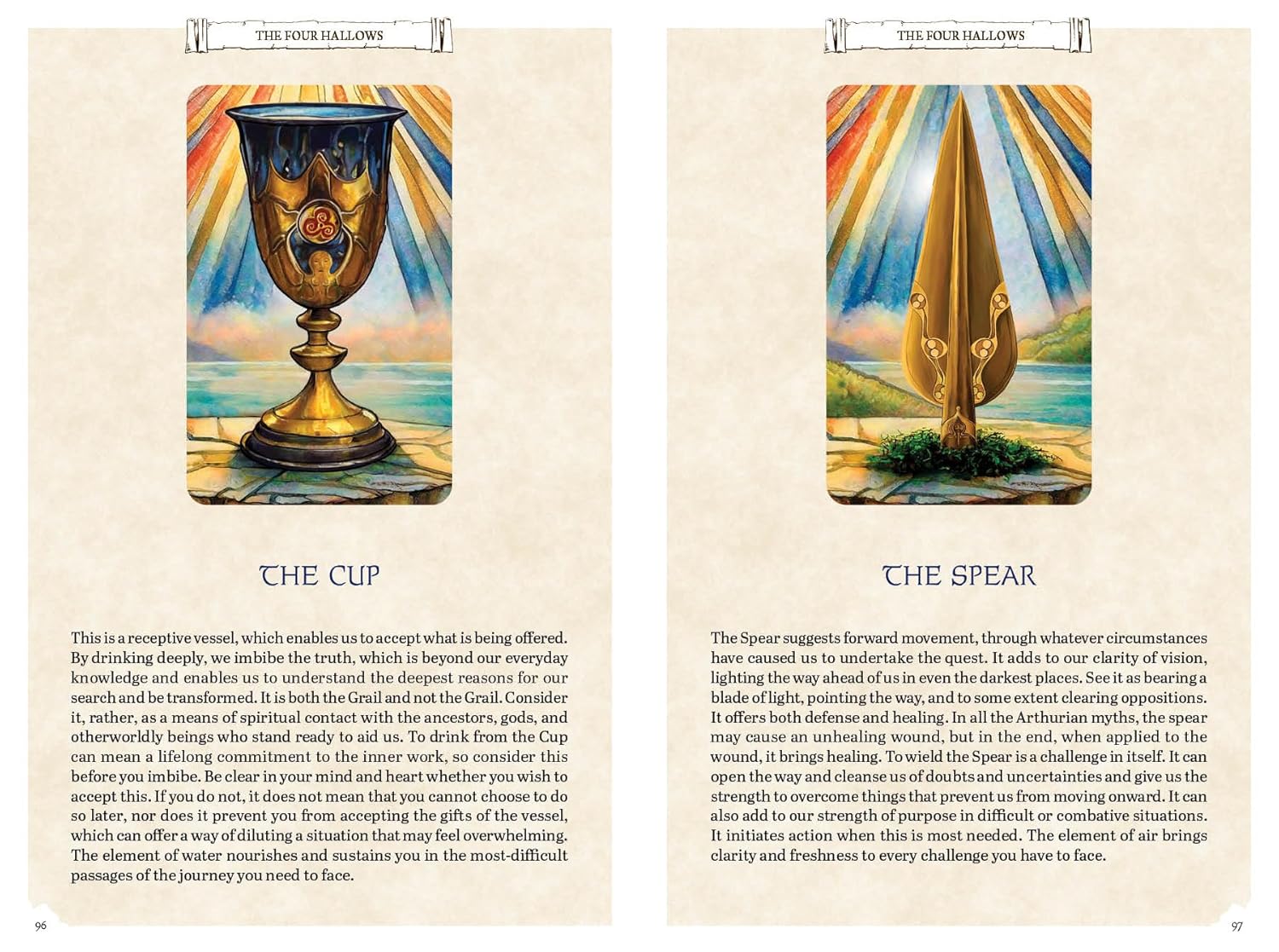 Two tarot cards titled 'The Cup' and 'The Spear' on a beige background with text.