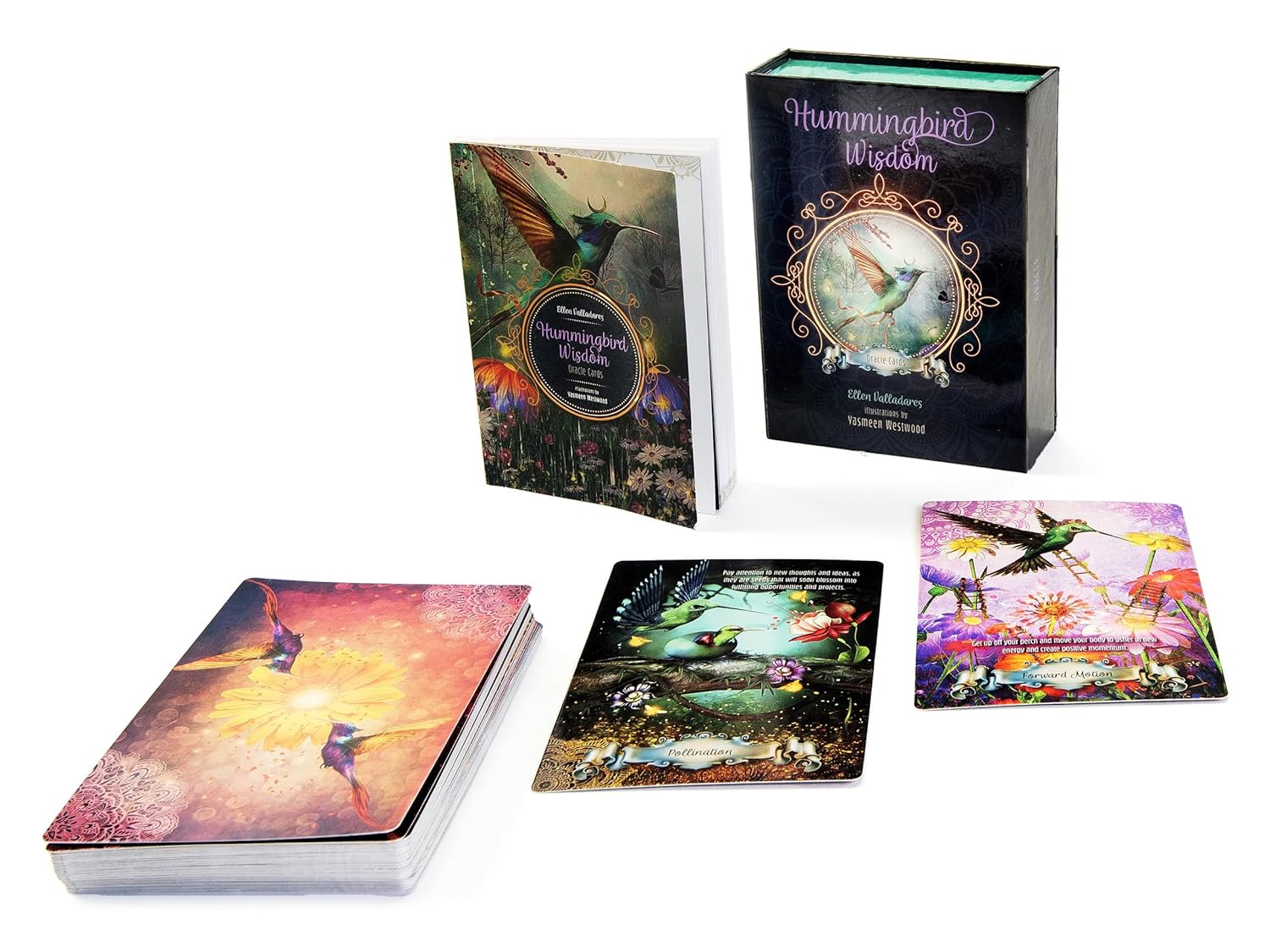 Collection of colorful books and card decks with nature-themed designs on a white background