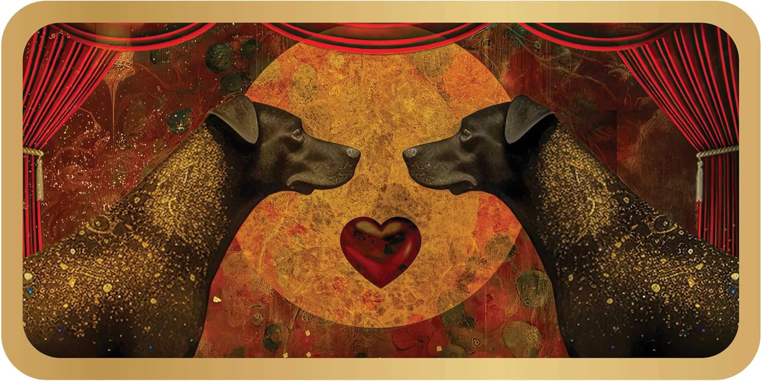 Two black dogs facing each other with a heart in the center against a red curtain background.