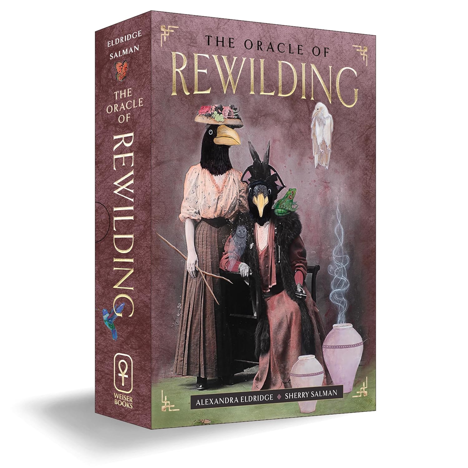 Book cover of 'The Oracle of Rewilding' with illustrations of people and animals on a purple background.