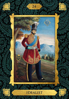 Portrait of a man in formal attire with scenic background, framed as a tarot card titled 'Idealist'.