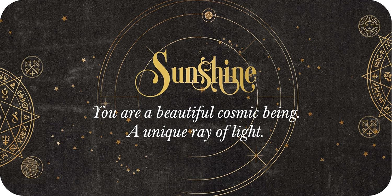 Motivational card with 'Sunshine' text on a black background with celestial designs.