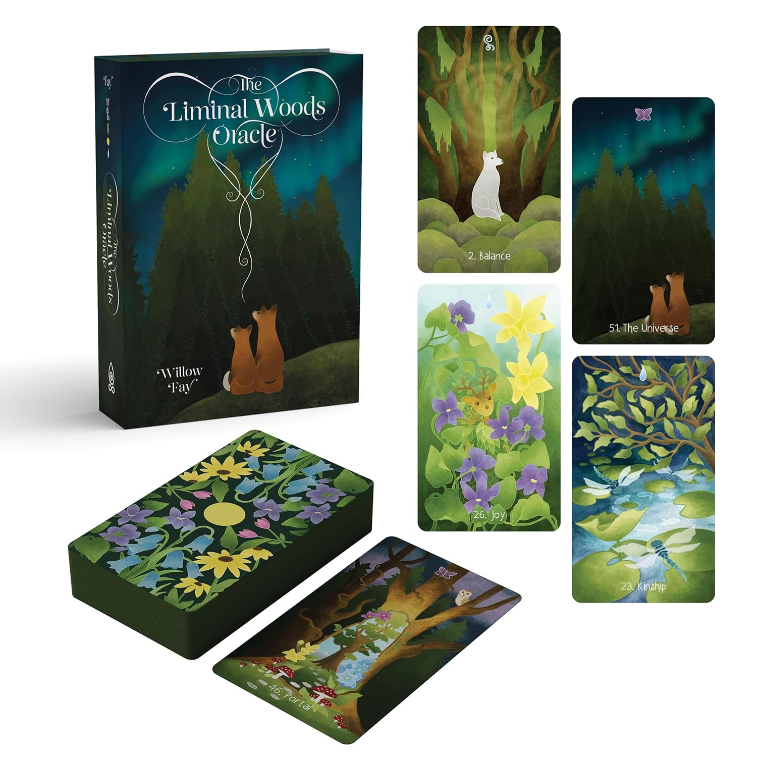 Liminal Woods Oracle card set with packaging and cards featuring nature and animals.