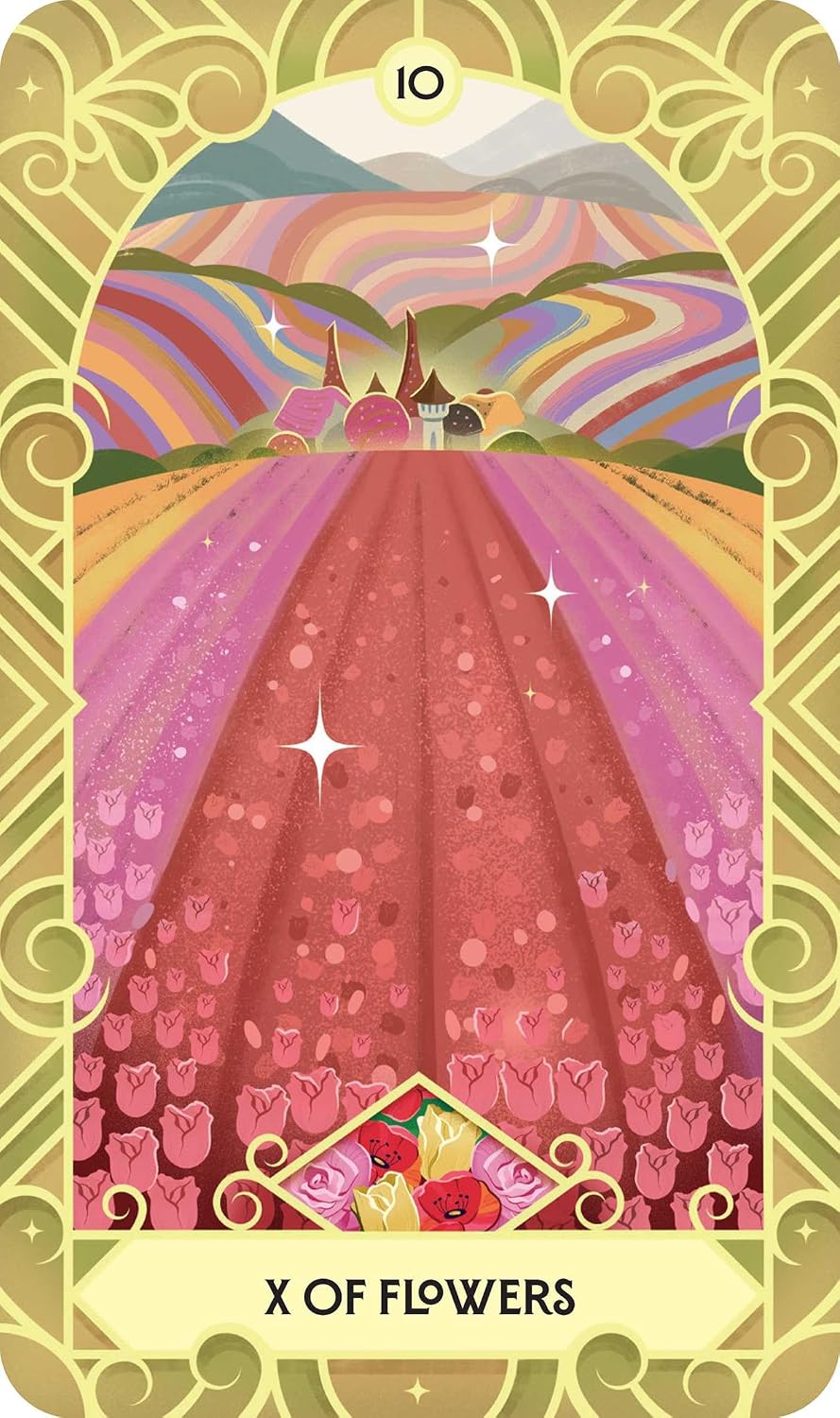 Card from a tarot deck featuring a path with flowers and a mountainous landscape.