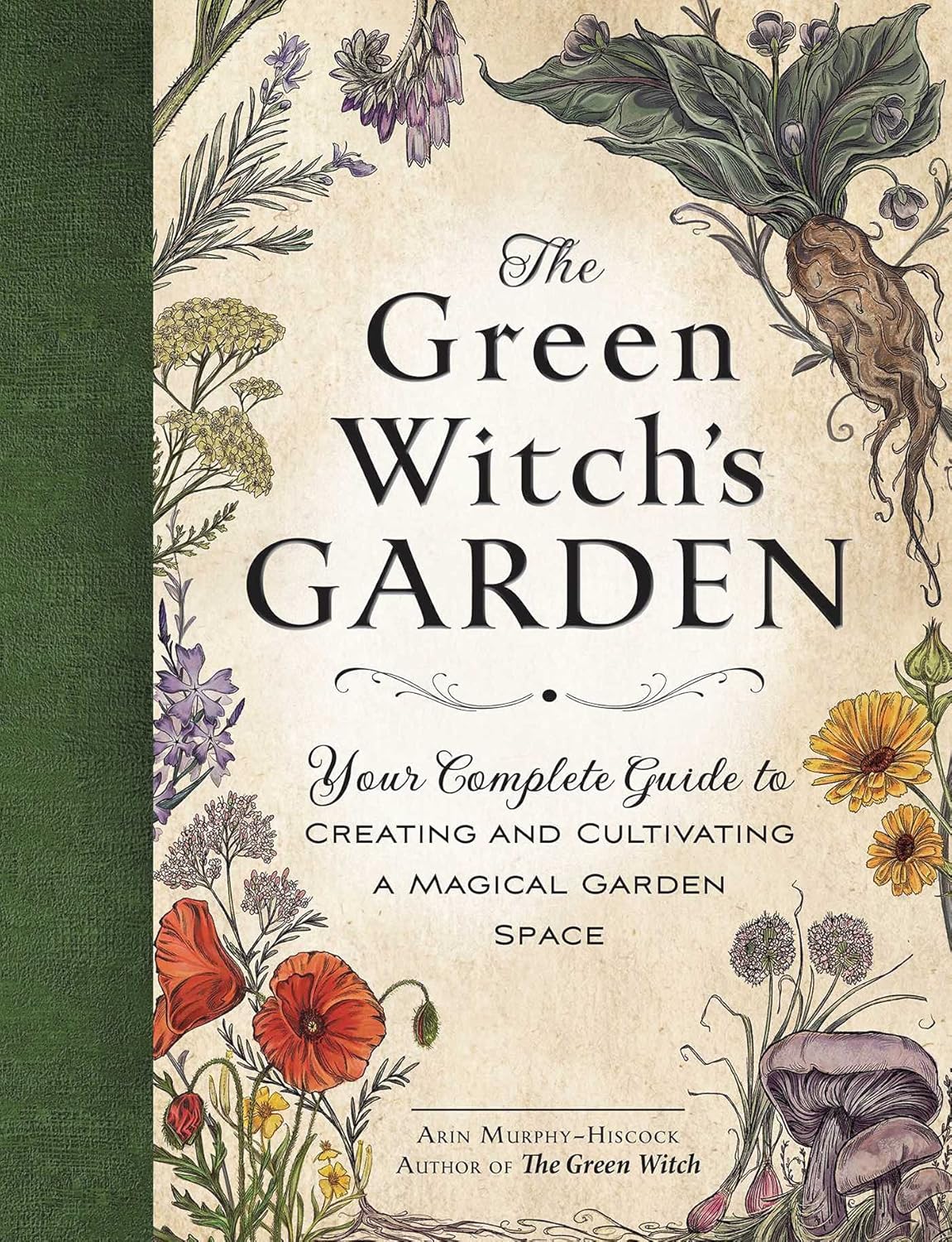 Book cover of 'The Green Witch's Garden' with floral illustrations and green border.