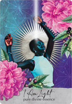 Card with a stylized figure holding light, surrounded by flowers and leaves, with 'I Am Light' text.
