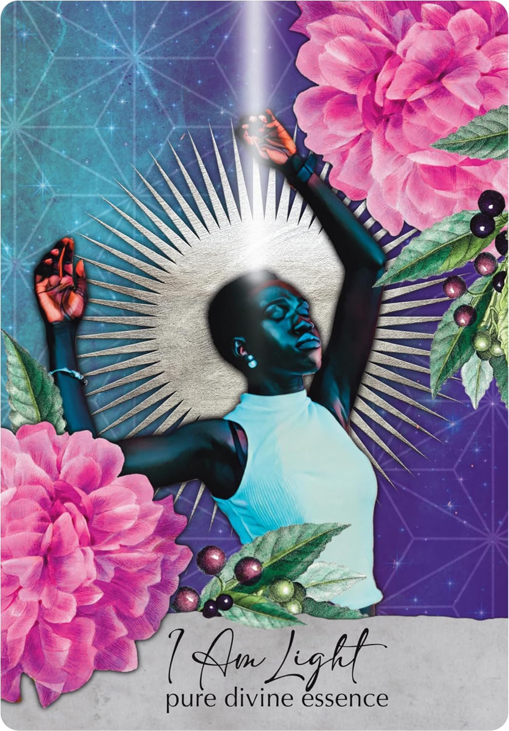Card with a stylized figure holding light, surrounded by flowers and leaves, with 'I Am Light' text.