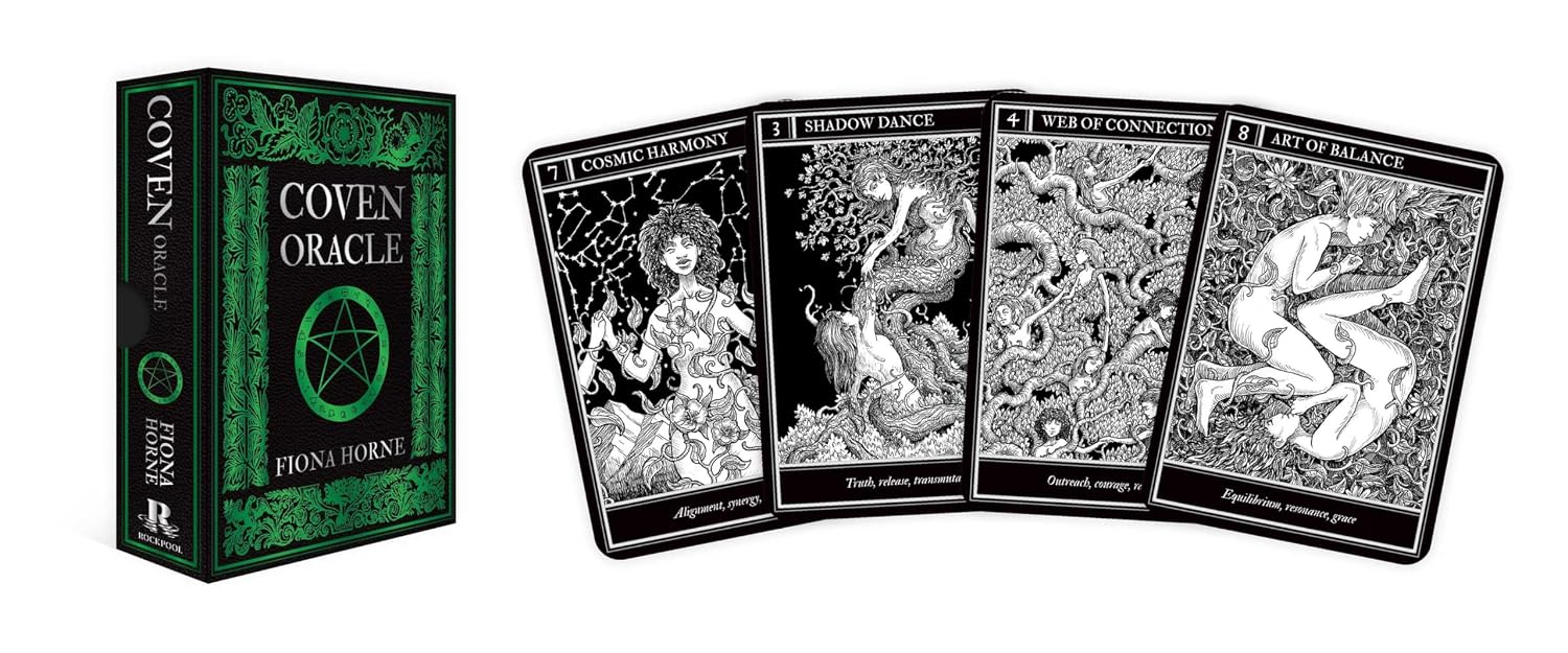 Coven Oracle card set with tarot cards and green box on a white background