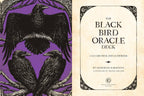 Front cover of 'The Black Bird Oracle Deck' showing a purple background with black raven illustrations on the left and the deck's title panel on the right, on an off-white background.