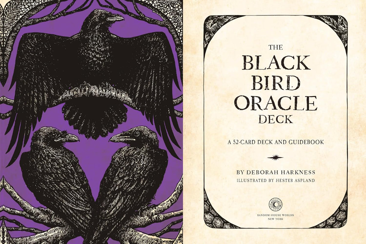 Front cover of 'The Black Bird Oracle Deck' showing a purple background with black raven illustrations on the left and the deck's title panel on the right, on an off-white background.
