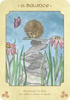 Card with a hedgehog on a rock, flowers, and butterfly, labeled 'Balance'.