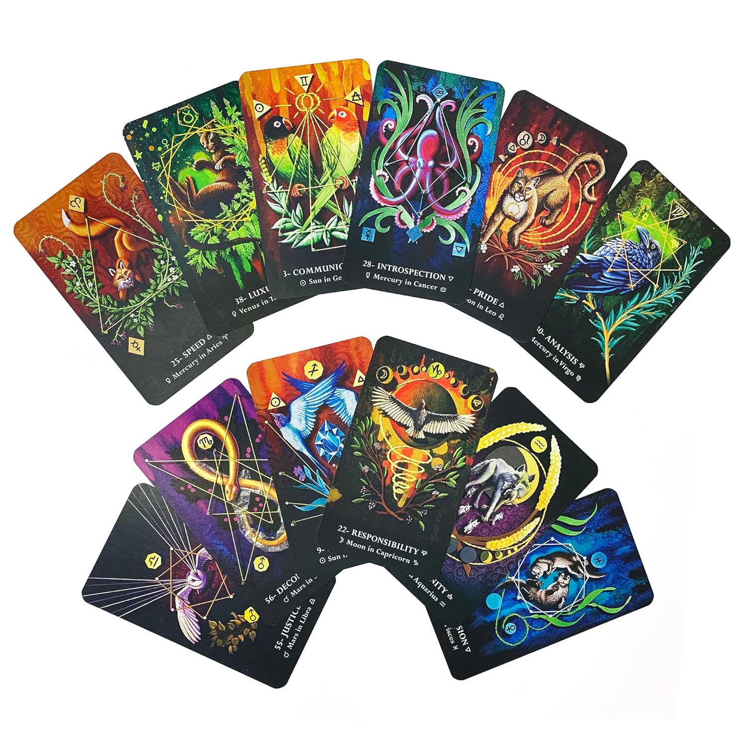 Set of colorful tarot cards with intricate designs on a white background