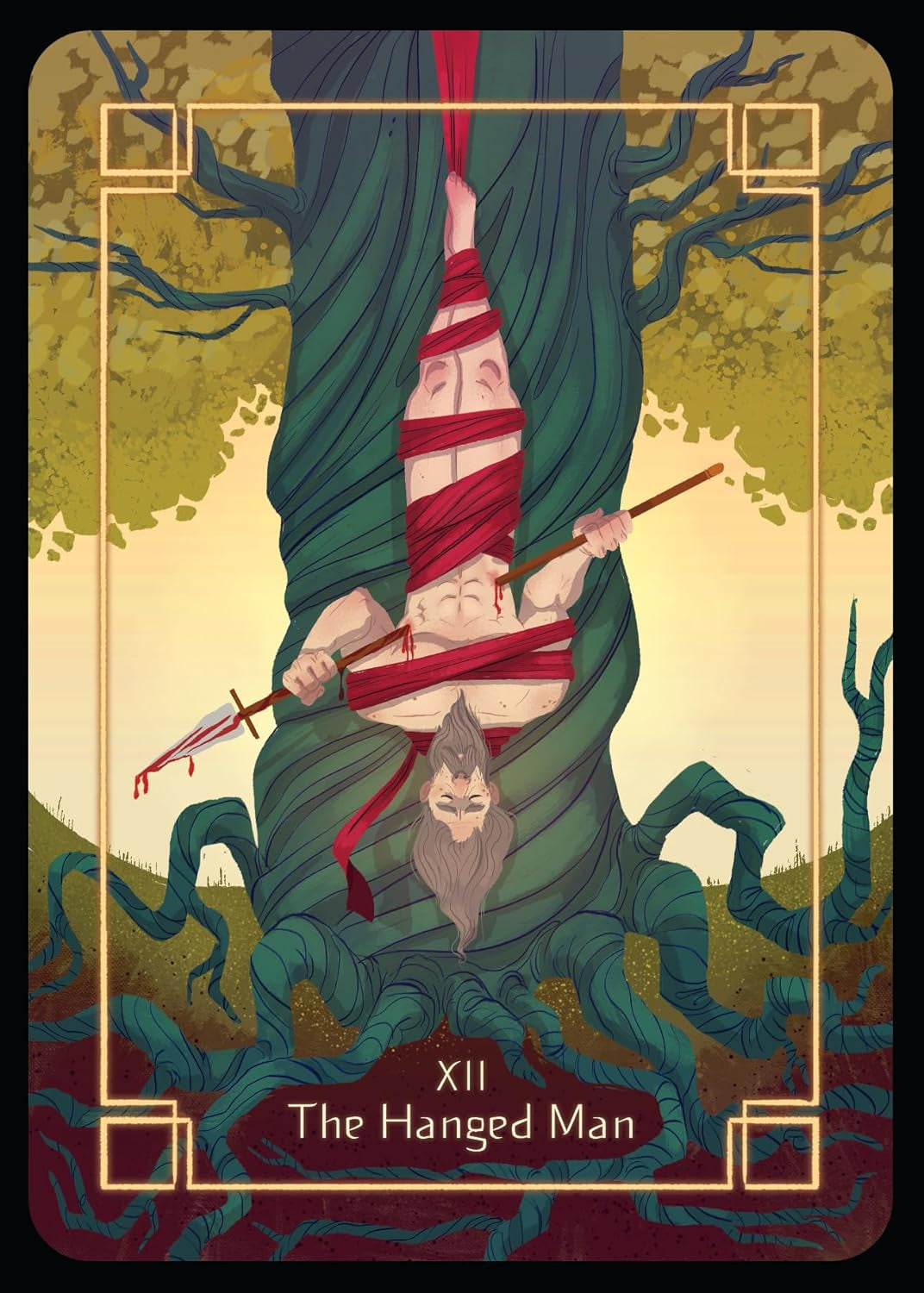 Tarot card featuring 'The Hanged Man' with a person hanging upside down, surrounded by trees and nature.