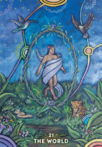 Card from a tarot deck featuring a central figure surrounded by nature elements and celestial symbols.