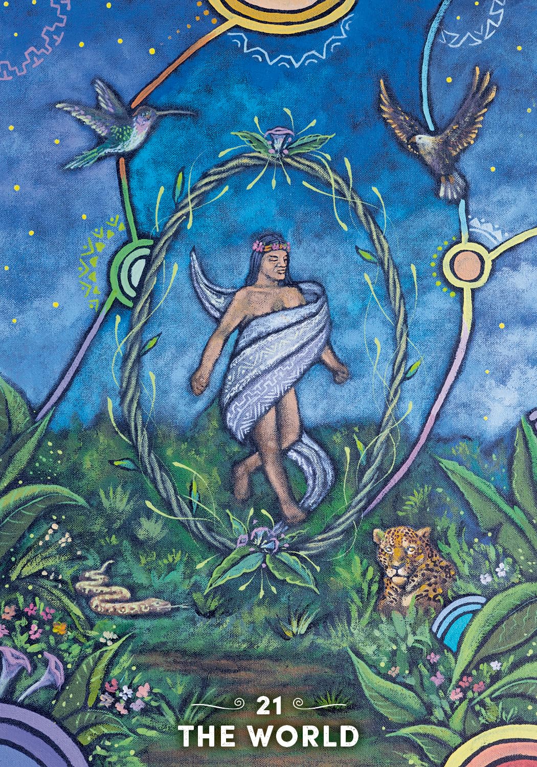 Card from a tarot deck featuring a central figure surrounded by nature elements and celestial symbols.