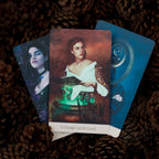 Three tarot cards on a textured surface with a mystical theme