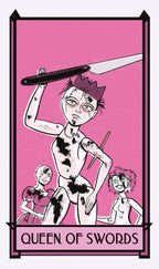 Illustration of 'Queen of Swords' tarot card with a pink background