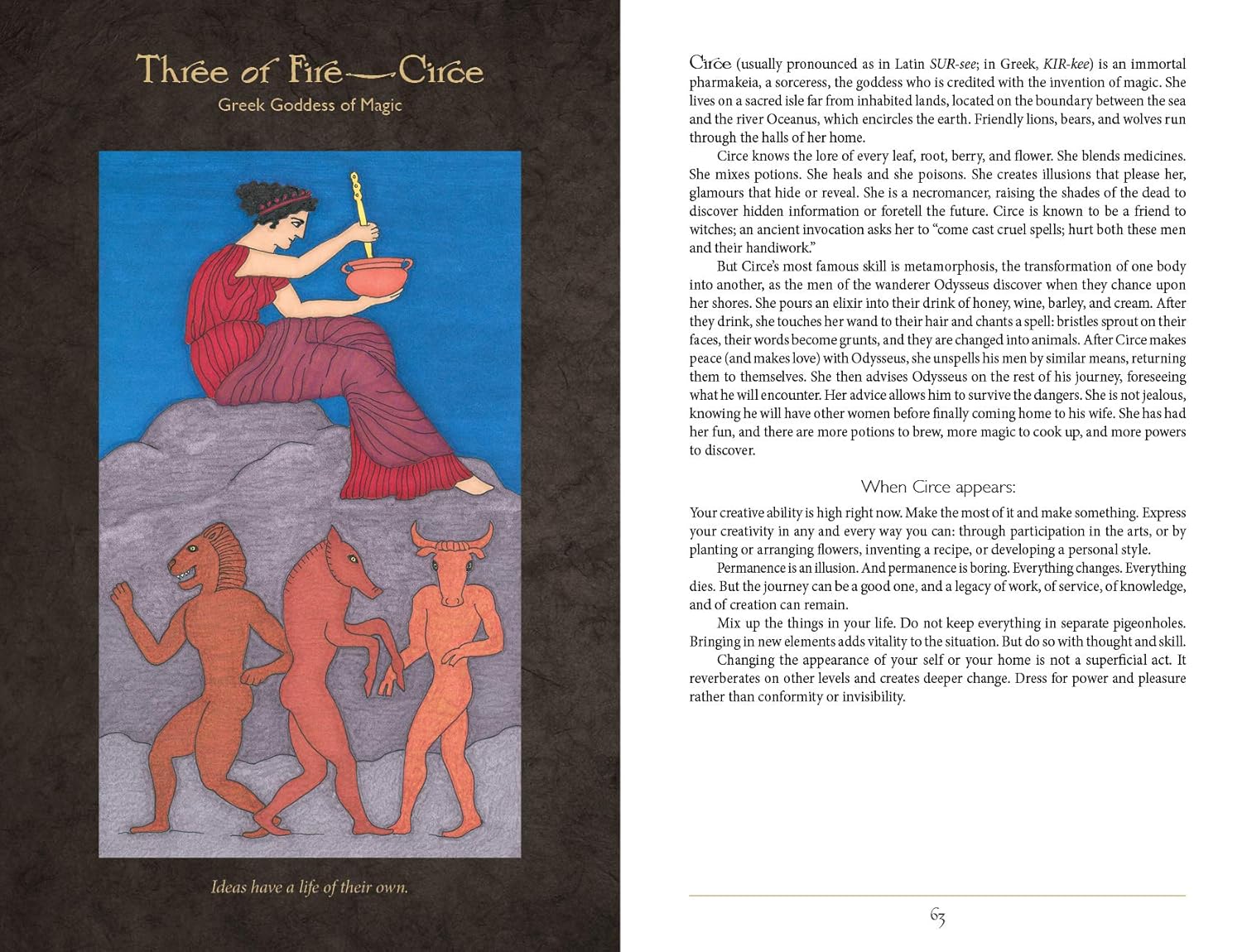 Illustration of Circe from 'The Three of Fire' card with descriptive text on a dark background