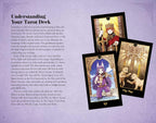 Three tarot cards displayed on a purple background with text about understanding a tarot deck.