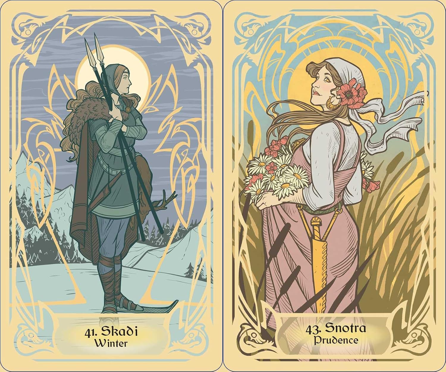 Two illustrated tarot-style cards shown side by side on a cream background. The left card is labeled 41.
