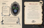 An open vintage-style book or booklet spread showing illustrated pages about 'Alfalfa money amulet' with parchment-textured paper, black ink illustrations, and a butterfly emblem.