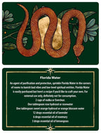 Card with a snake illustration and Florida Water recipe on a green background