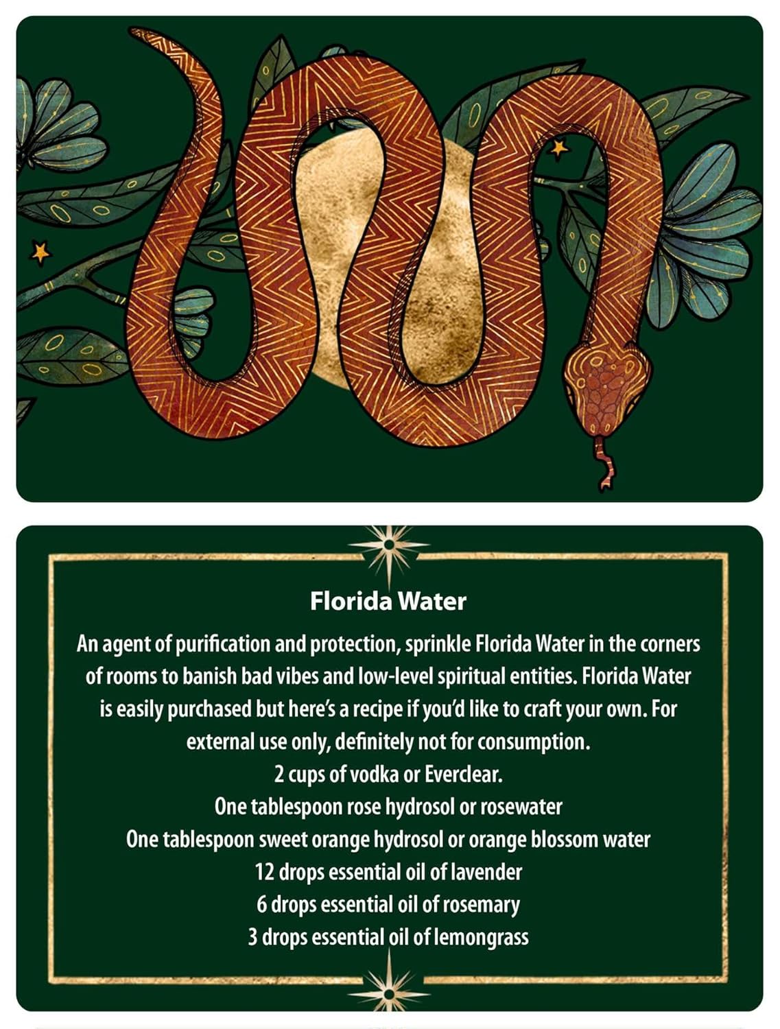 Card with a snake illustration and Florida Water recipe on a green background