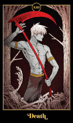 Card featuring a character with a red scythe labeled 'Death' in a forest setting.