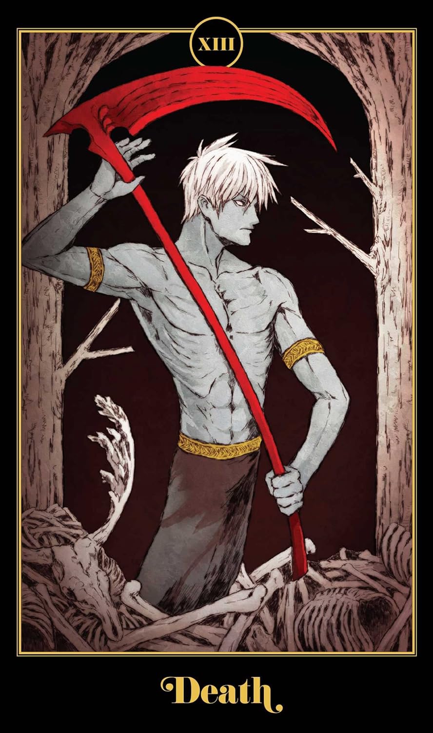 Card featuring a character with a red scythe labeled 'Death' in a forest setting.