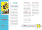 Page from a book or magazine featuring a tarot card illustration and text on a blue background.