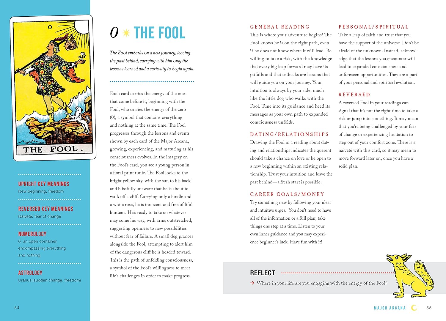 Page from a book or magazine featuring a tarot card illustration and text on a blue background.