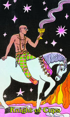 Card featuring a person on a horse with stars and flames, labeled 'Knight of Cups'.
