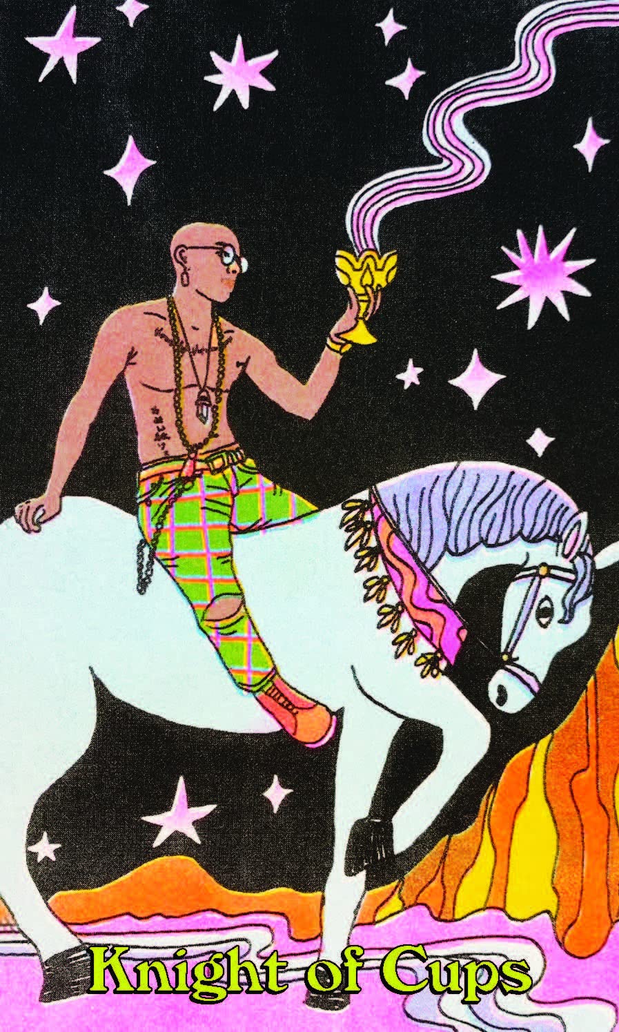 Card featuring a person on a horse with stars and flames, labeled 'Knight of Cups'.