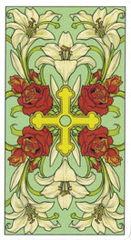 Decorative design with red roses, white lilies, and a yellow cross on a green background