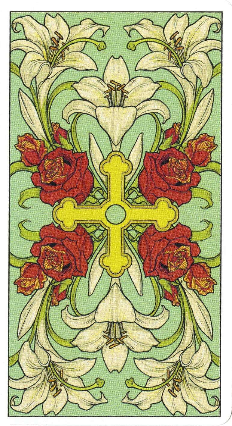Decorative design with red roses, white lilies, and a yellow cross on a green background