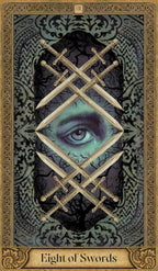 Card featuring an eye and crossed swords with decorative border and text 'Eight of Swords'.