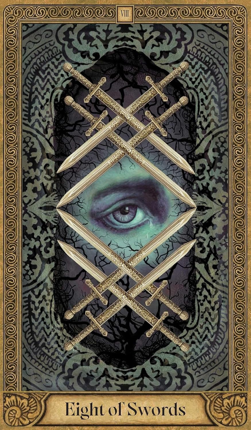 Card featuring an eye and crossed swords with decorative border and text 'Eight of Swords'.