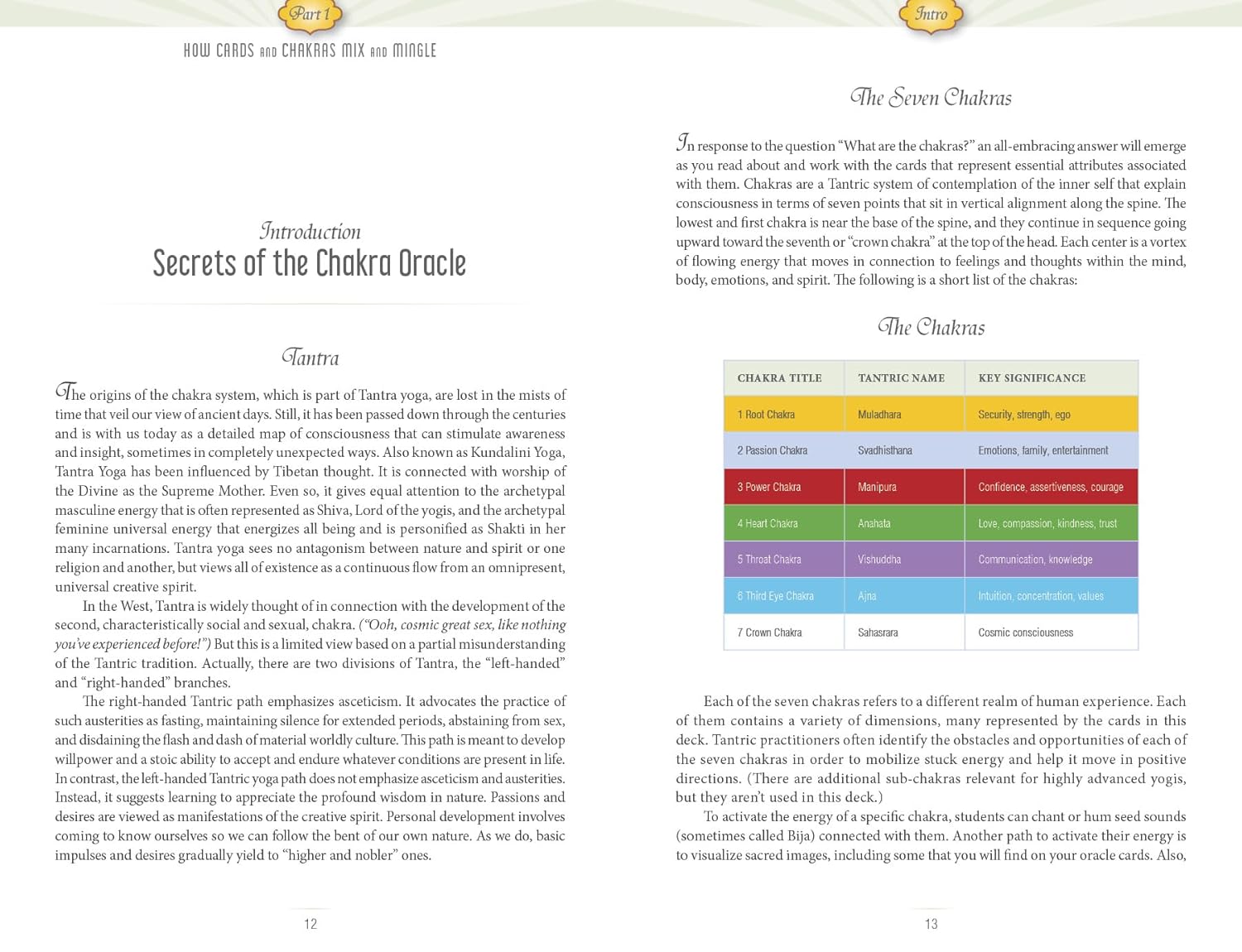 Page from a book or manual titled 'Secrets of the Chakra Oracle' with text and a color chart.
