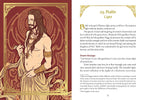 An open book spread showing a vintage-style illustration on the left page of a woman in a red dress with a glowing lantern, and text on the right page headed '25. Baldr Light' with paragraphs and a quote.